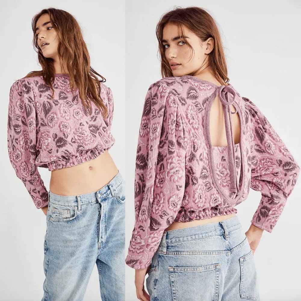 NEW Free People No Ordinary Floral Jacquard Knit Puff Sleeves Top Pink $128 S